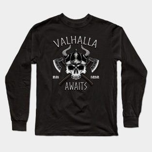 Valhalla Awaits Viking Skull Long Sleeve T-Shirt